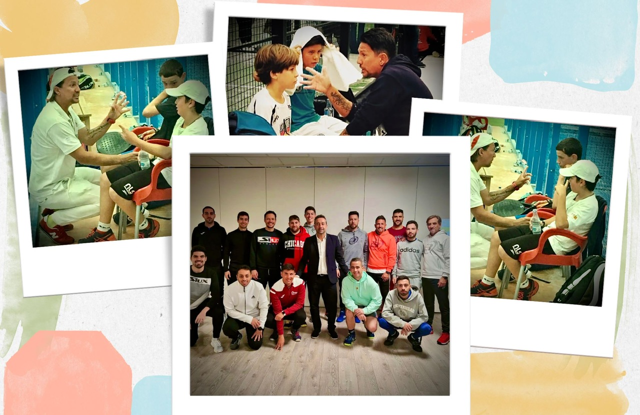 Imagen de un collage con distintas fotos donde se ve a Paco Miranda haciendo de coach en partidos de padel en competiciones de menores, y una foto en uno de los cursos realizados por Paco Miranda con el gran Oscar Lorenzo, uno de los mas prestigiosos psicólogos deportivo especializado en padel y con Jorge Martínez, entrenador y fundador de M3, una de las escuelas mas importantes de padel profesional. 