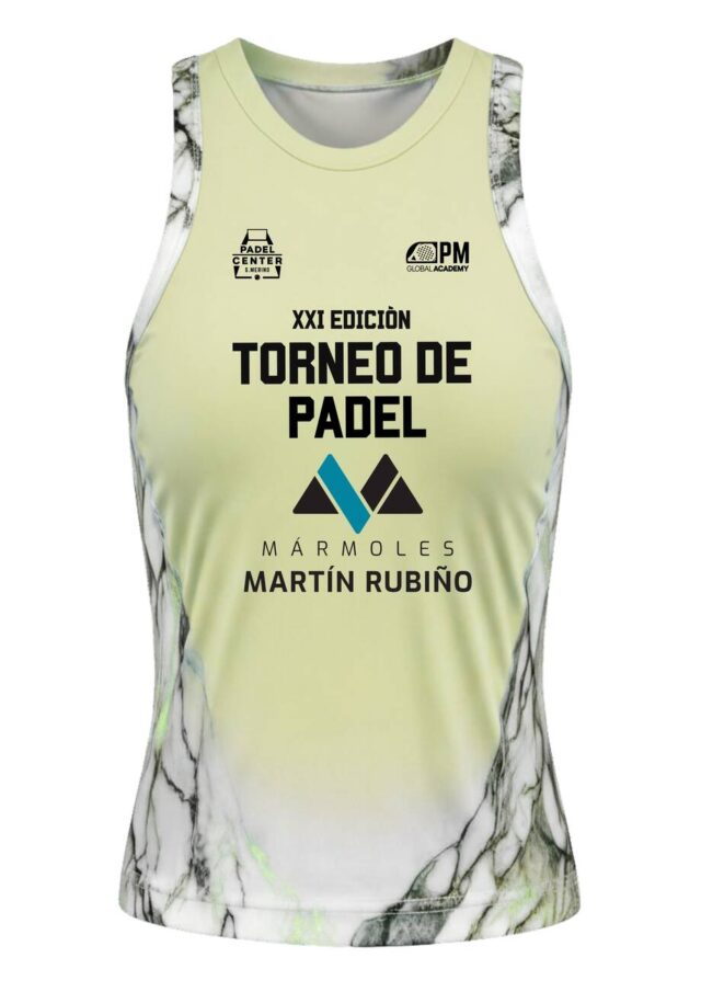 Anverso camiseta mujer del XXI Torneo de Pádel de Mármoles Martín Rubiño