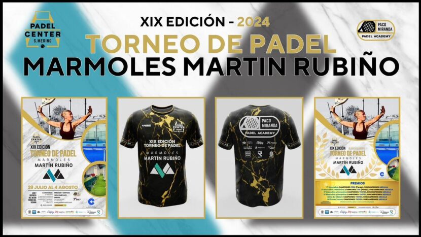 Banner con camisetas y carteles del torneo de Pádel de Mármoles Martín Rubiño en Motril