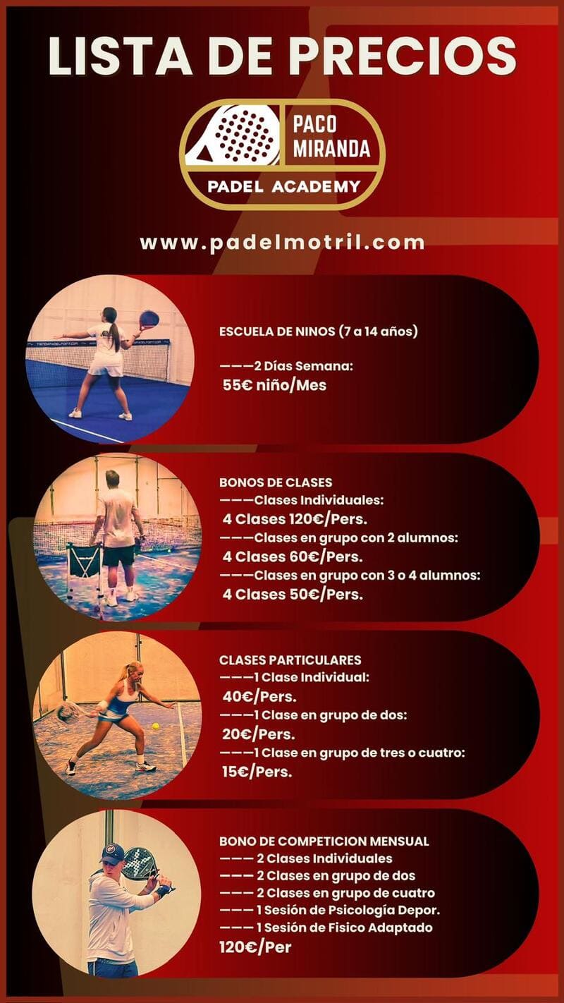 Cartel con los nuevos precios de la temporada 24/25 en la Paco Miranda Pádel Academy