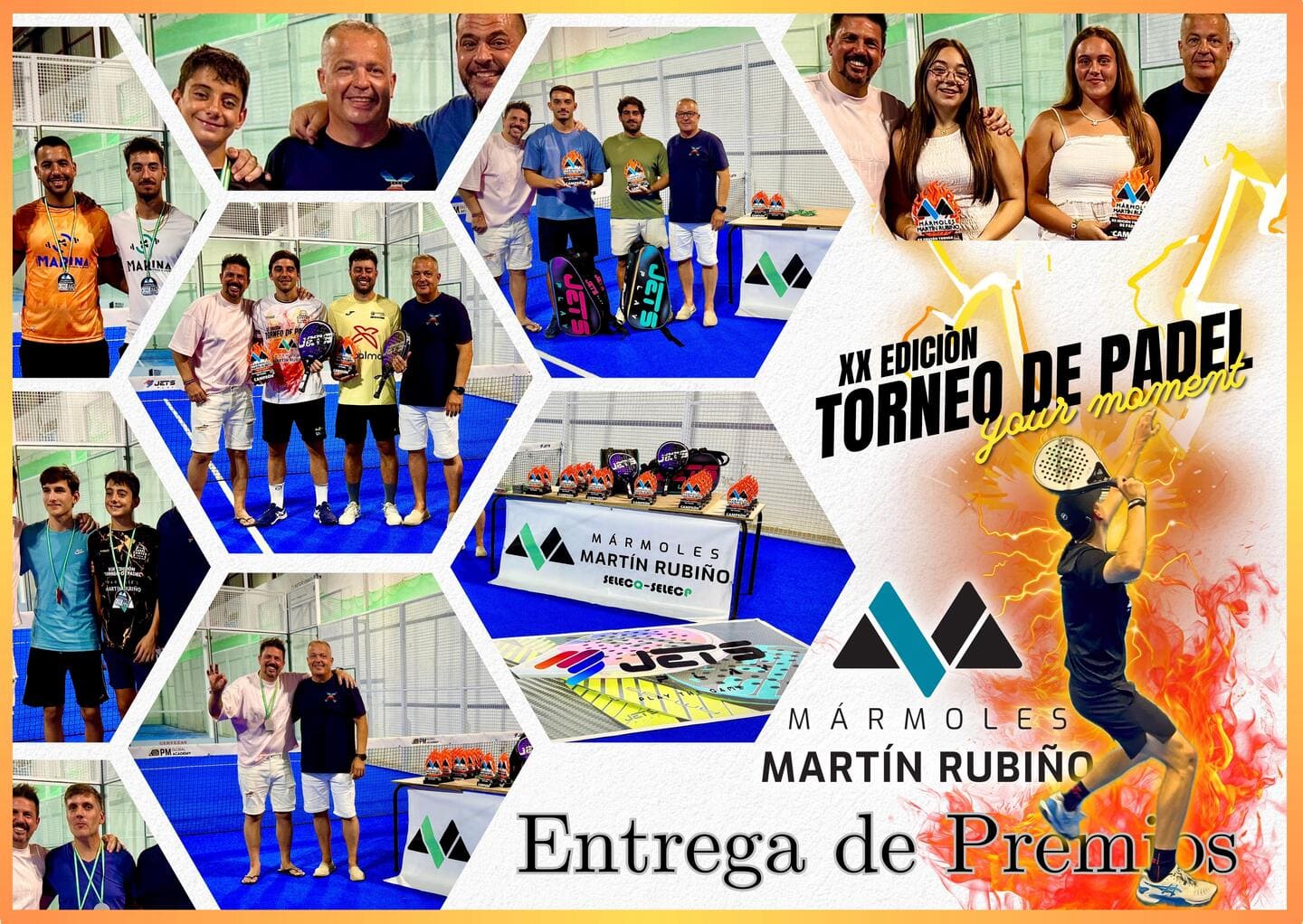 Cartel de resultados y premios del XX Edición Torneo de Pádel de Mármoles Martín Rubiño